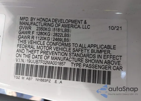 2021 Acura Tlx Type S z USA, uszkodzony, nr VIN 19UUB7F02MA001857